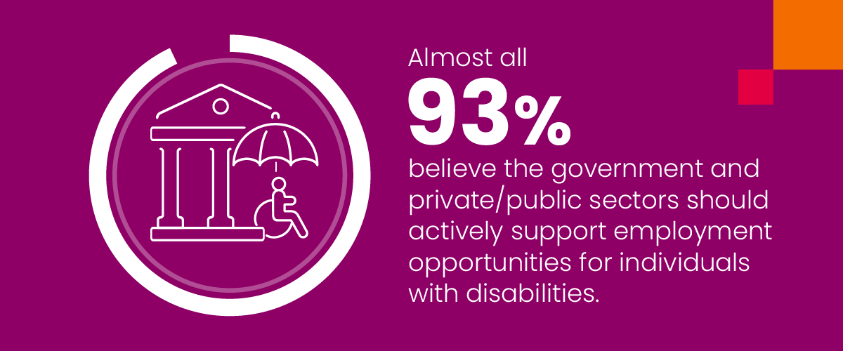 Almost all 93% believe the government and private/public sectors should actively support employment opportunities for individuals with disabilities