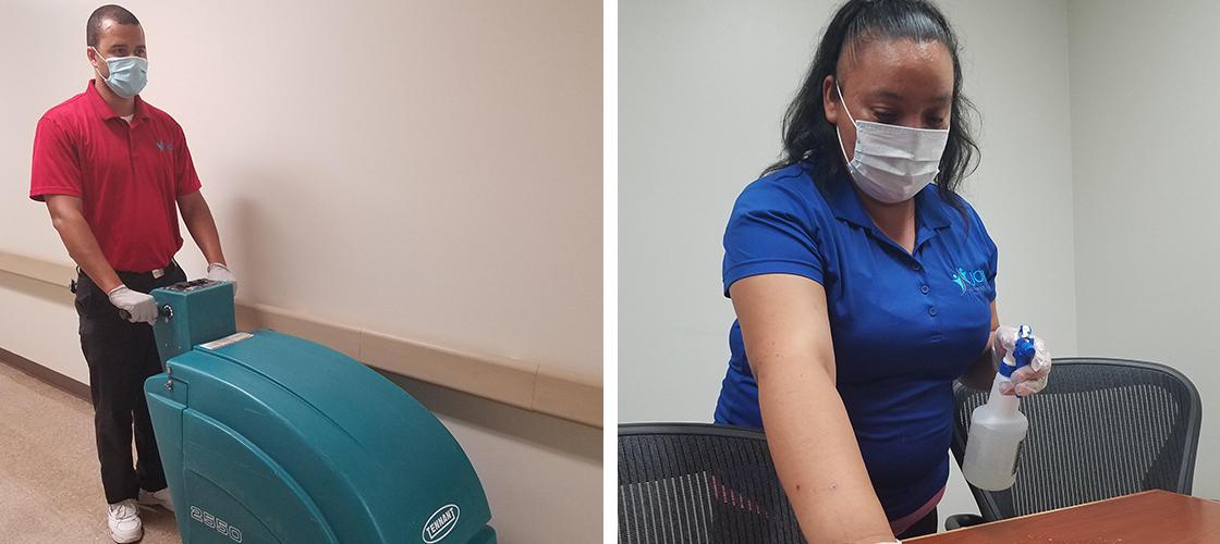 (R) Mariela Jimenez from Job Options, Inc. in California is performing her nightly essential tasks including disinfecting tables while (L) Christopher France-Early is disinfecting surfaces, sweeping, mopping, auto-scrubbing and burnishing floors and baseboards.