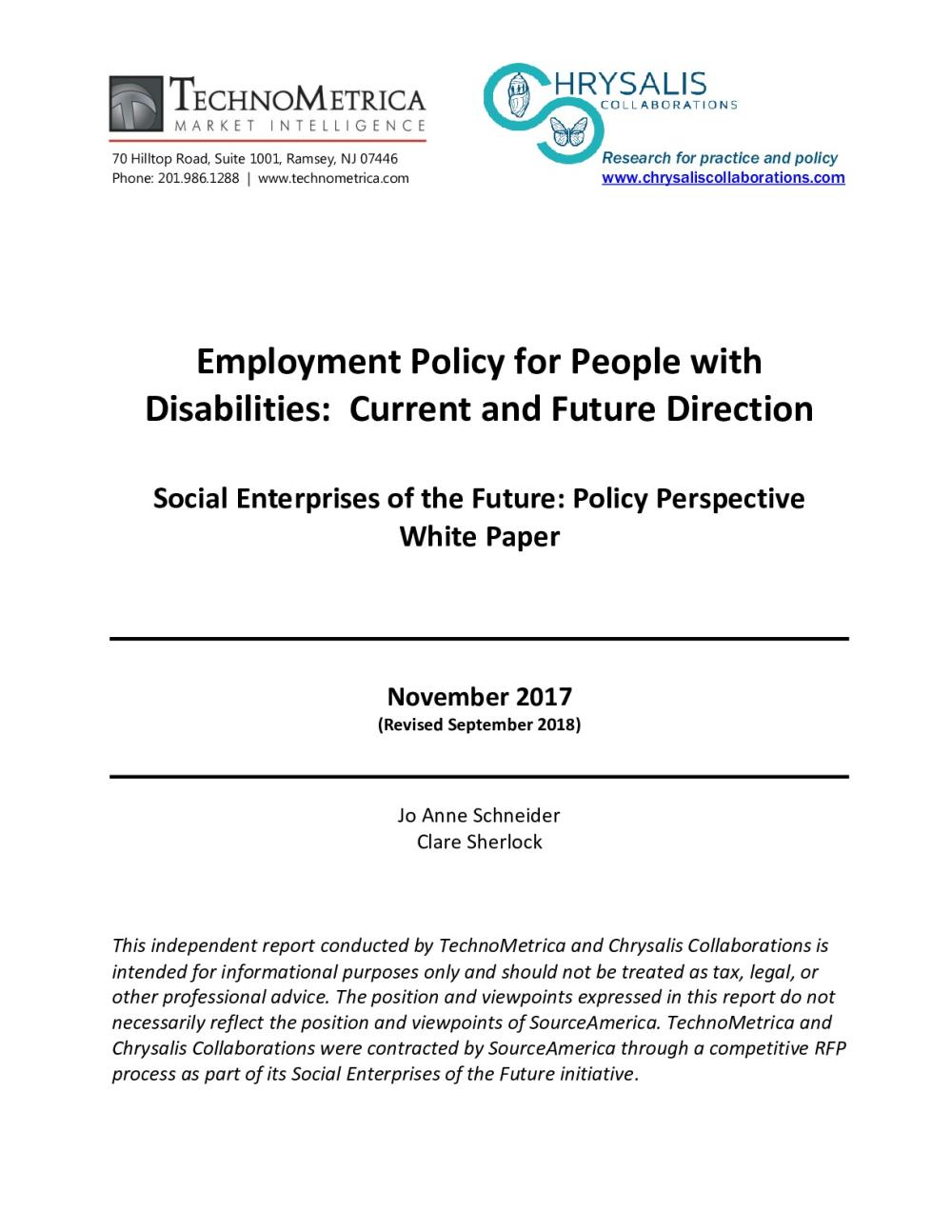 Employment Policy for People with Disabilities: Current and Future Direction